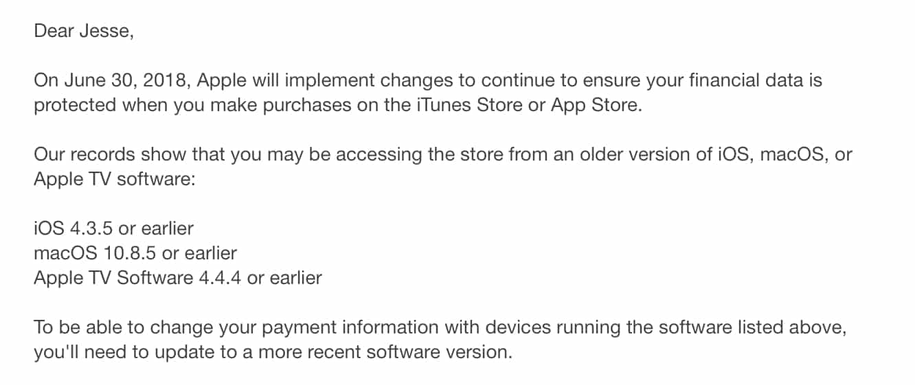 Apple notifies users of very old OS versions about upcoming payment security changes