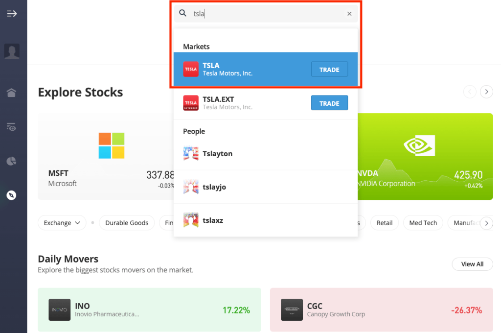A person searching for Tesla stock on the eToro platform