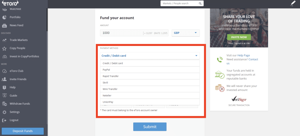 A screenshot of the Etoro platform showing the option to buy Tesla stock on Etoro using various payment methods.